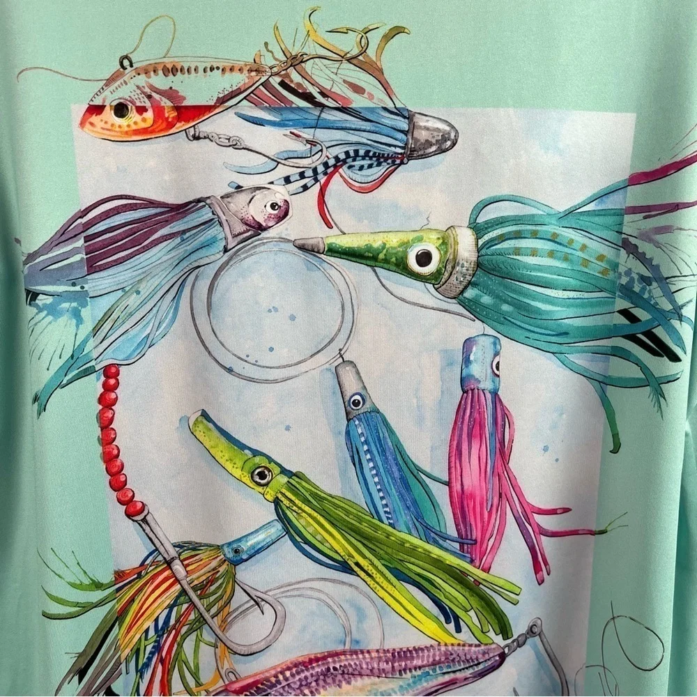 Art & Sol Amber Moran Womens Shirt Seafoam Fishing Lures Stretch V Neck Medium - Picture 7 of 10
